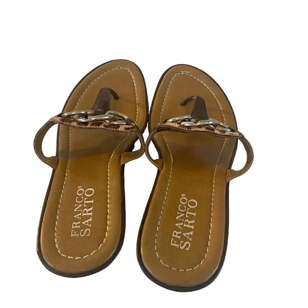 Franco Sarto Brown Wedge Thong Sandals w/ Leopard Print Pony Hair.